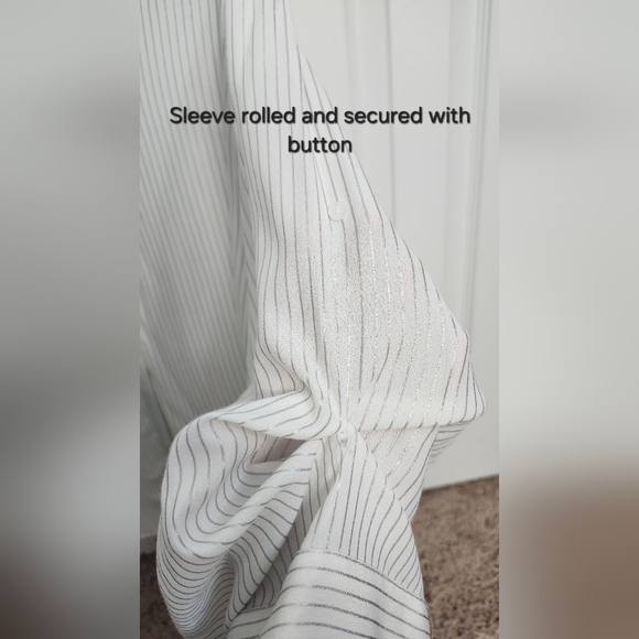 Zara Button Down Blouse with Convertible Sleeves in White with Silver Strips - Picture 3 of 6